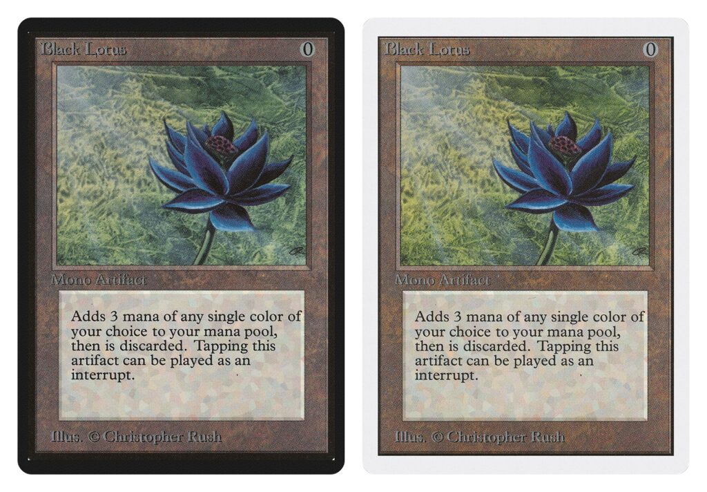 Black Lotus card scans side by side: black-bordered Limited Edition Beta on the left and white-bordered Unlimited Edition on the right