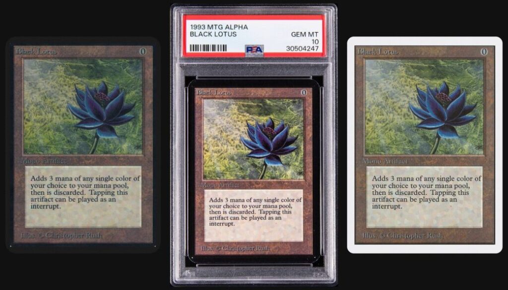 Black Lotus collage showing an Alpha Black Lotus scan, a PSA Gem Mint 10 Alpha Black Lotus slab, and a white-bordered Unlimited Black Lotus scan