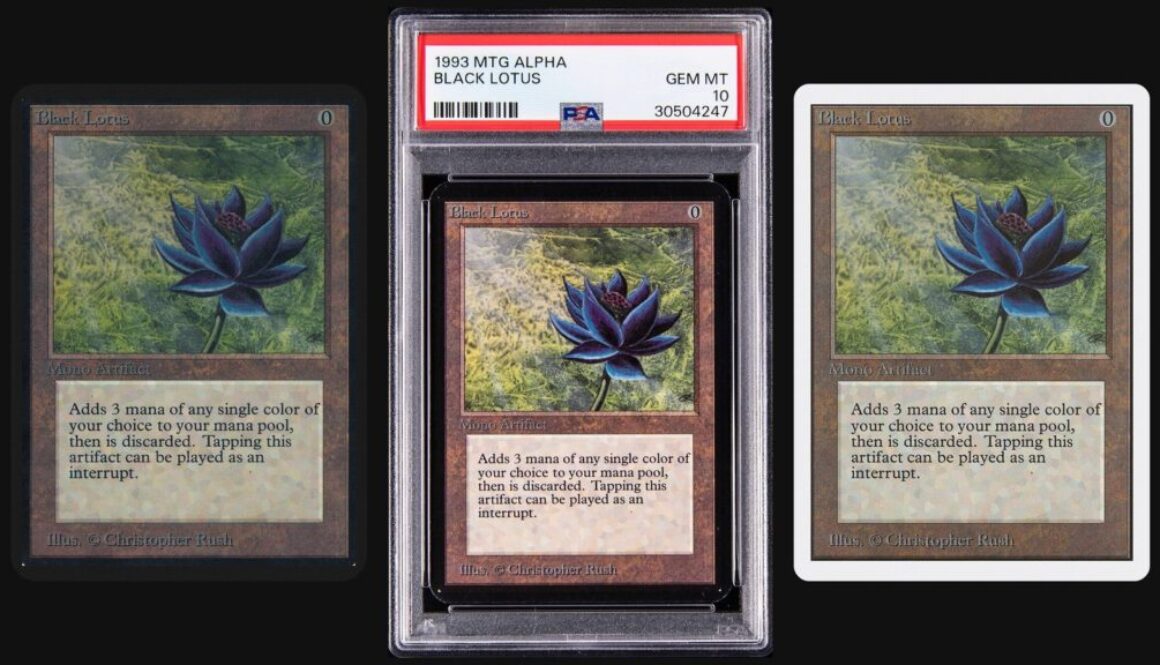 Black Lotus collage showing an Alpha Black Lotus scan, a PSA Gem Mint 10 Alpha Black Lotus slab, and a white-bordered Unlimited Black Lotus scan