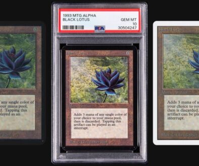 Black Lotus collage showing an Alpha Black Lotus scan, a PSA Gem Mint 10 Alpha Black Lotus slab, and a white-bordered Unlimited Black Lotus scan