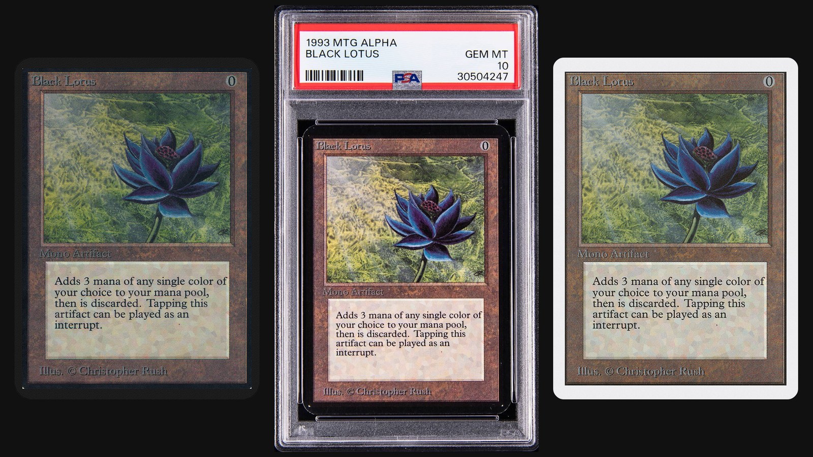 Black Lotus collage showing an Alpha Black Lotus scan, a PSA Gem Mint 10 Alpha Black Lotus slab, and a white-bordered Unlimited Black Lotus scan