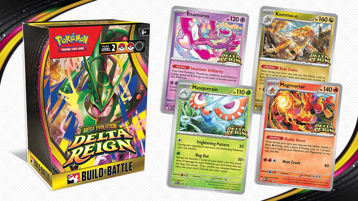 Pokémon TCG Mega Evolution—Delta Reign Build & Battle Box with Mega Rayquaza art and sample promo cards