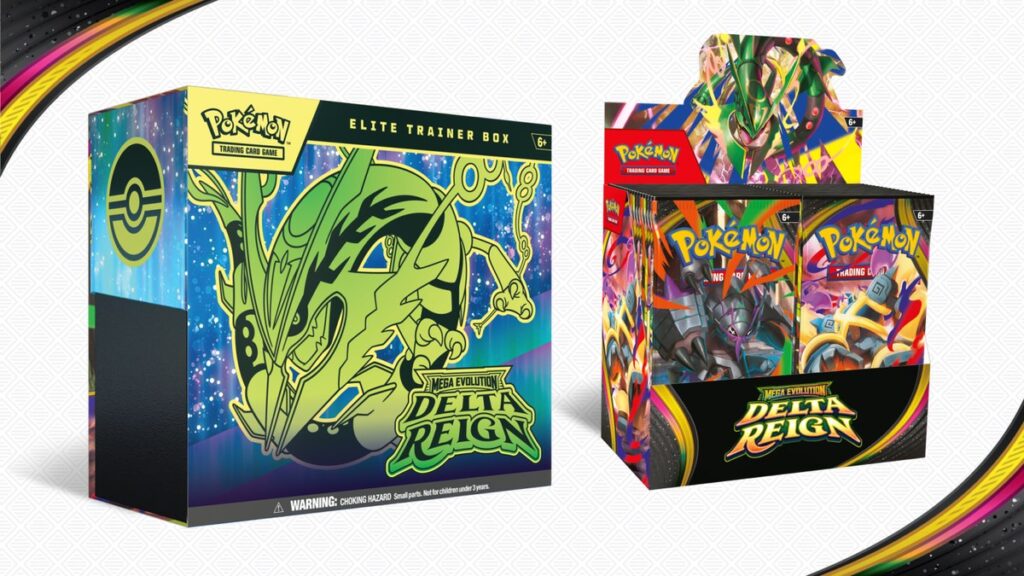 Pokémon TCG Mega Evolution Delta Reign Elite Trainer Box with Mega Rayquaza art next to the Delta Reign booster display box