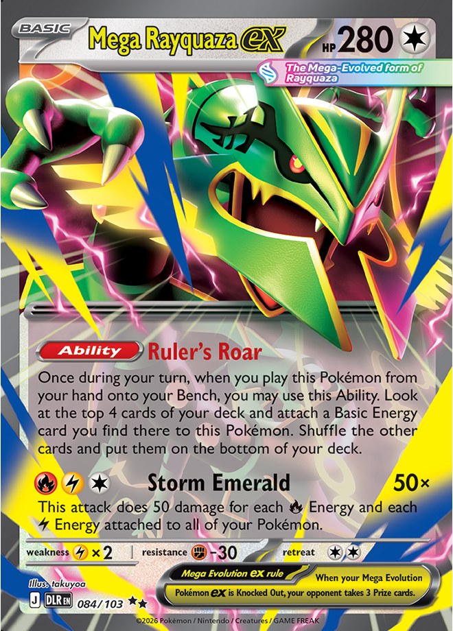 Mega Rayquaza ex 084/103 from Pokémon TCG Mega Evolution Delta Reign, 280 HP with the Ruler's Roar ability and Storm Emerald attack