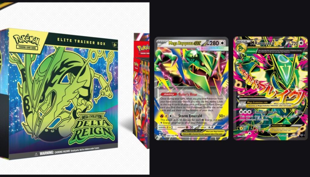Pokémon Mega Evolution Delta Reign Elite Trainer Box beside the Delta Reign Mega Rayquaza ex 084/103 card and the 2015 Roaring Skies full-art M Rayquaza EX 105/108