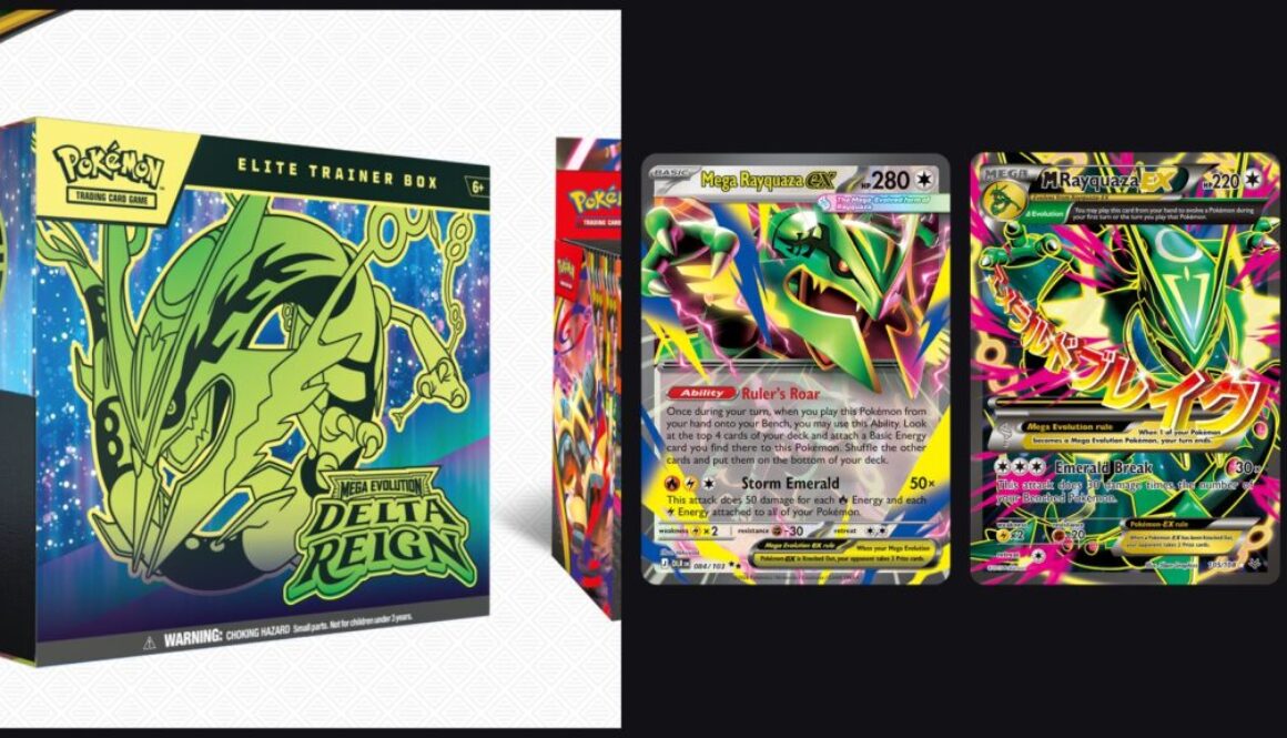 Pokémon Mega Evolution Delta Reign Elite Trainer Box beside the Delta Reign Mega Rayquaza ex 084/103 card and the 2015 Roaring Skies full-art M Rayquaza EX 105/108