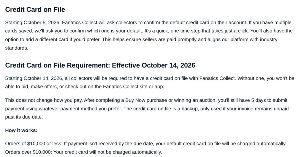 Fanatics Collect Help Center text on the credit card on file requirement effective October 14, 2026, with auto-charge only on orders of $10,000 or less