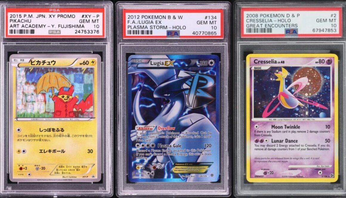 Fanatics Collect unpaid bids collage: PSA 10 Art Academy Pikachu, Plasma Storm Lugia EX and Great Encounters Cresselia slabs