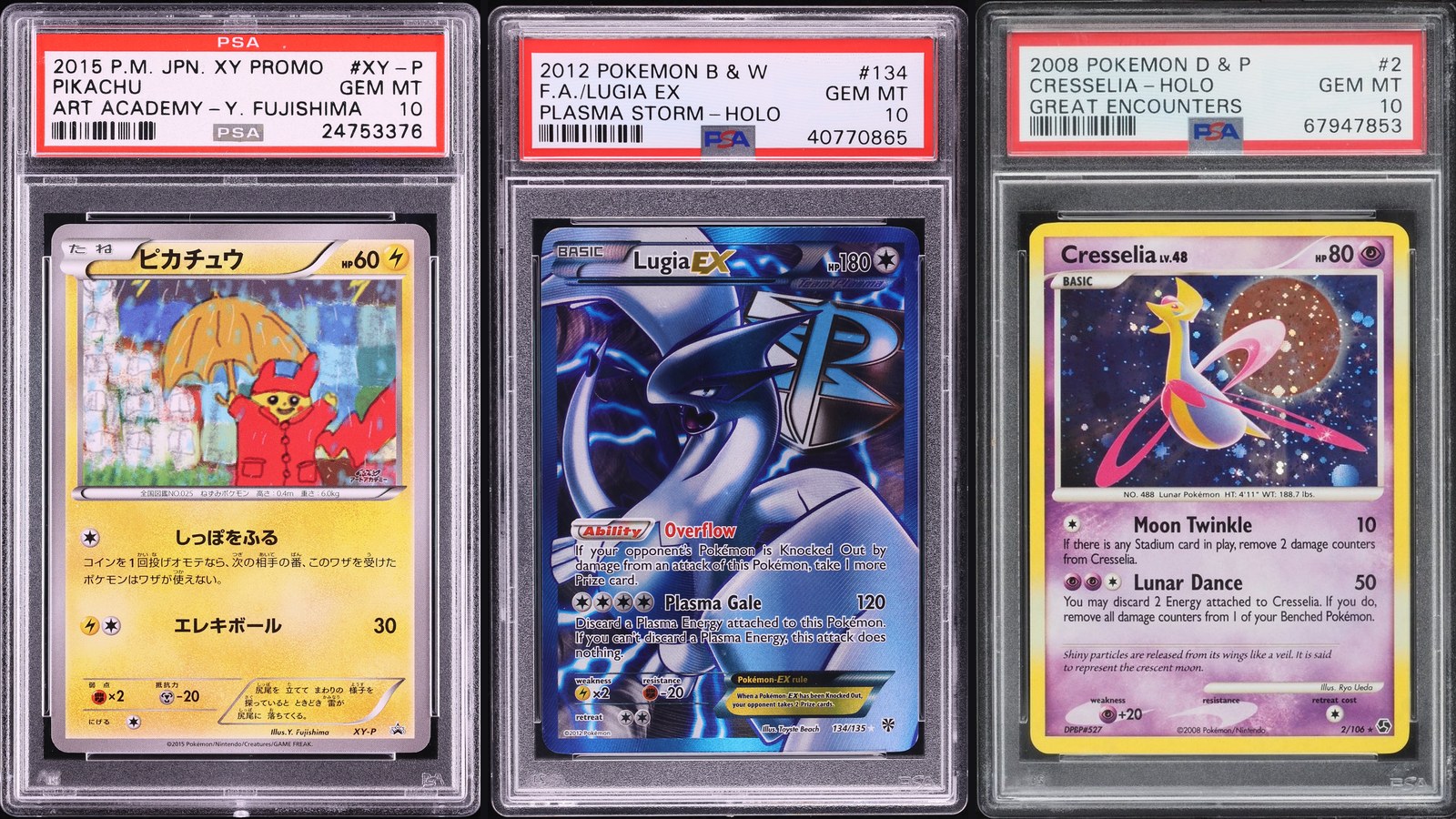 Fanatics Collect unpaid bids collage: PSA 10 Art Academy Pikachu, Plasma Storm Lugia EX and Great Encounters Cresselia slabs