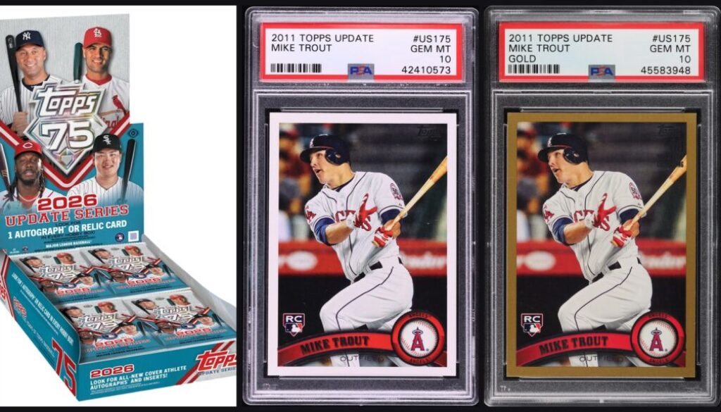 Konnor Griffin Topps Update Gold lesson: 2026 Topps Update Series hobby box beside 2011 Topps Update Mike Trout #US175 base and Gold /2011 PSA 10 slabs
