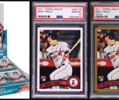 Konnor Griffin Topps Update Gold lesson: 2026 Topps Update Series hobby box beside 2011 Topps Update Mike Trout #US175 base and Gold /2011 PSA 10 slabs