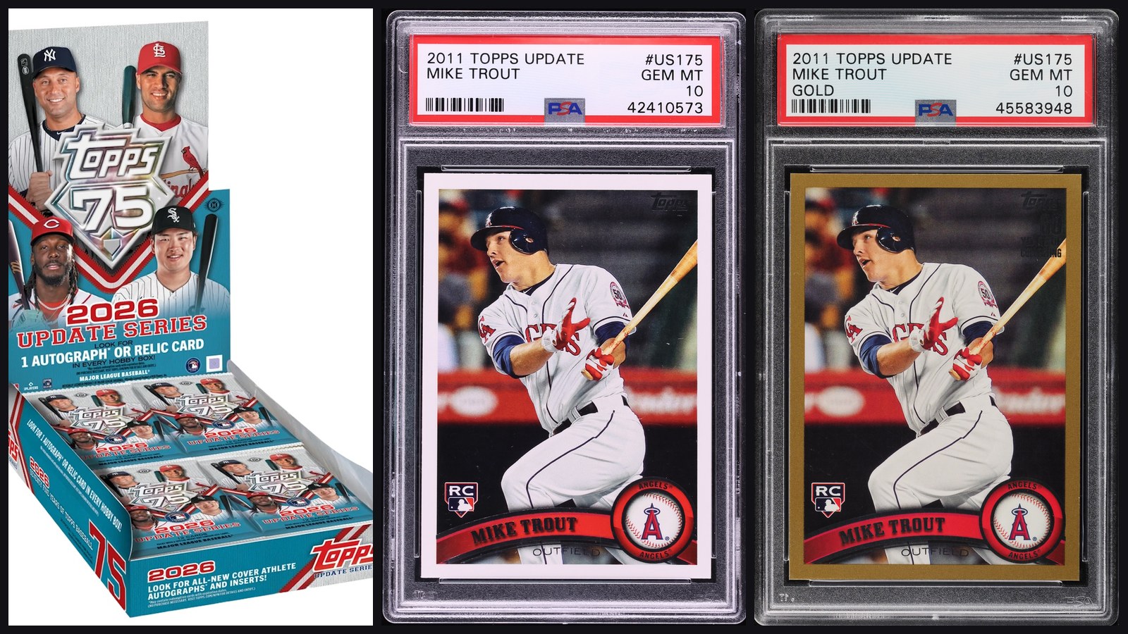 Konnor Griffin Topps Update Gold lesson: 2026 Topps Update Series hobby box beside 2011 Topps Update Mike Trout #US175 base and Gold /2011 PSA 10 slabs