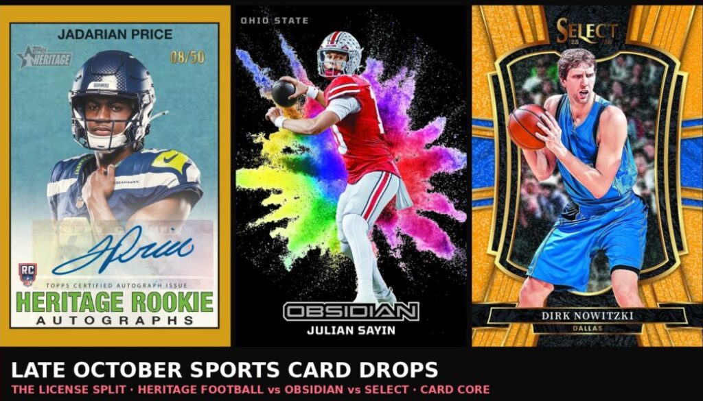 Late October sports card drops collage: 2026 Topps Heritage Football Jadarian Price Seahawks rookie auto, 2026 Panini Obsidian Football Julian Sayin Ohio State card, and 2025-26 Panini Select Dirk Nowitzki card without NBA logos