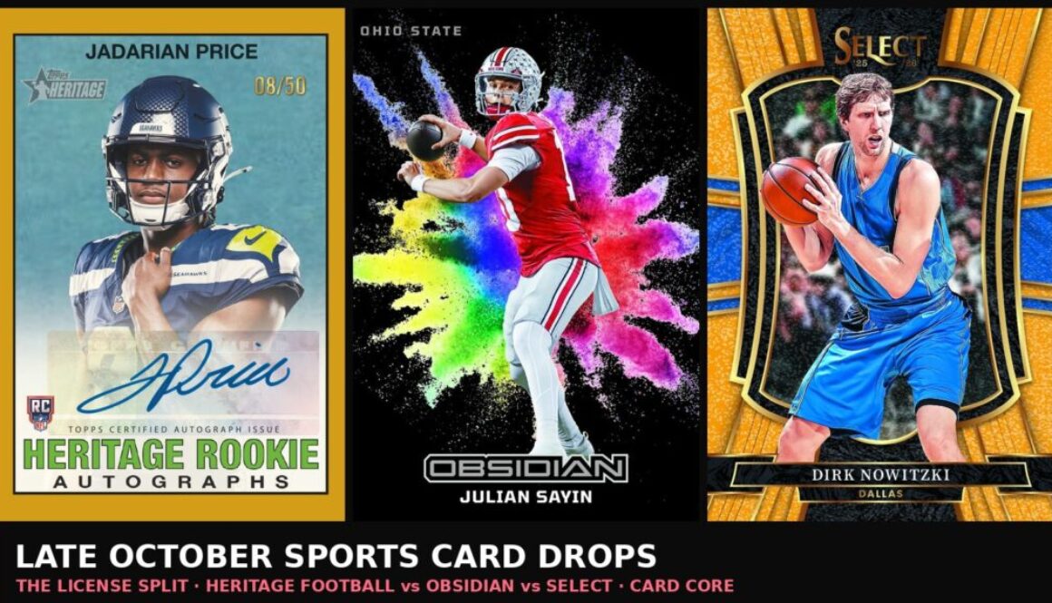 Late October sports card drops collage: 2026 Topps Heritage Football Jadarian Price Seahawks rookie auto, 2026 Panini Obsidian Football Julian Sayin Ohio State card, and 2025-26 Panini Select Dirk Nowitzki card without NBA logos