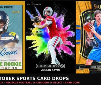 Late October sports card drops collage: 2026 Topps Heritage Football Jadarian Price Seahawks rookie auto, 2026 Panini Obsidian Football Julian Sayin Ohio State card, and 2025-26 Panini Select Dirk Nowitzki card without NBA logos