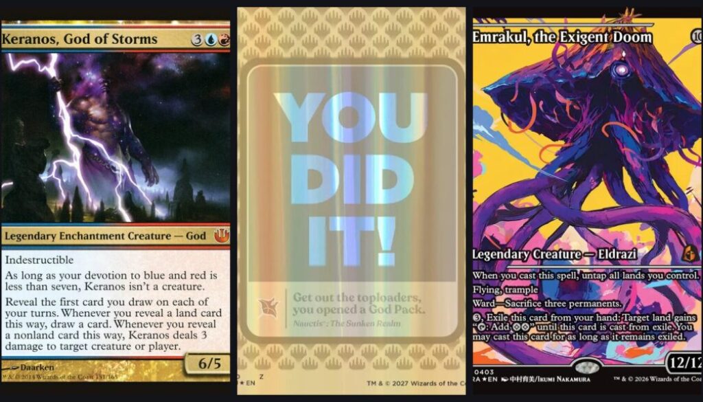 MTG God Packs collage: Journey into Nyx Keranos, the 2027 God Pack celebration card, and a Reality Fracture Japan Showcase Emrakul