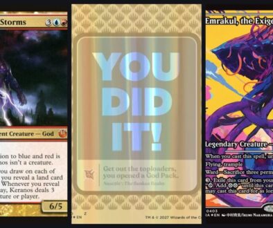 MTG God Packs collage: Journey into Nyx Keranos, the 2027 God Pack celebration card, and a Reality Fracture Japan Showcase Emrakul