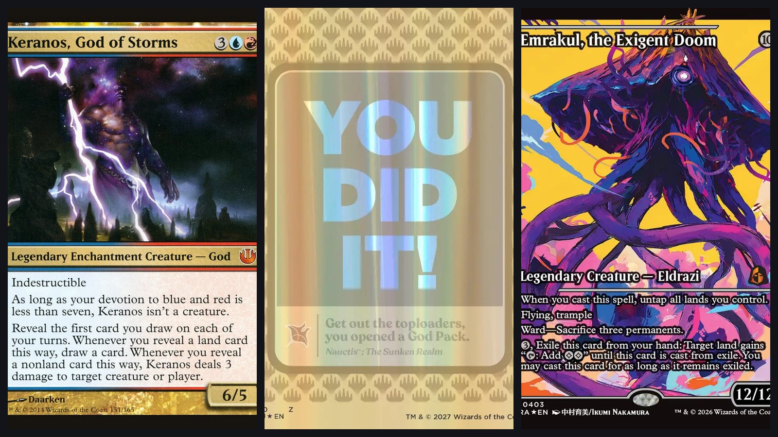 MTG God Packs collage: Journey into Nyx Keranos, the 2027 God Pack celebration card, and a Reality Fracture Japan Showcase Emrakul