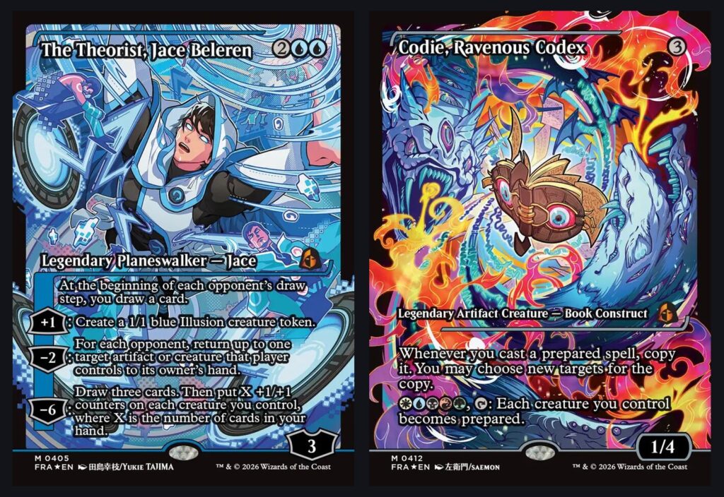 Reality Fracture Japan Showcase cards The Theorist, Jace Beleren and Codie, Ravenous Codex, the treatment moving into 2027 Booster Packs alongside MTG God Packs