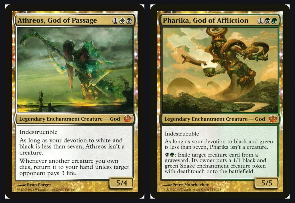 Journey into Nyx gods Athreos, God of Passage and Pharika, God of Affliction, from the 2014 set behind the original MTG God Packs