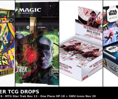 November TCG drops collage: Pokémon Mega Evolution—Delta Reign Build & Battle Box, MTG Star Trek Collector Booster box, One Piece OP-18 The Dominance of God booster box and Star Wars: Unlimited Icons 2027 booster display
