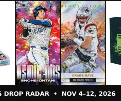November sports card drops collage: 2026-27 Topps Flagship Basketball hobby box, Topps Cosmic Chrome Shohei Ohtani Cosmic Dust, Topps Inception Drake Maye and 2026 Panini Impeccable WNBA box