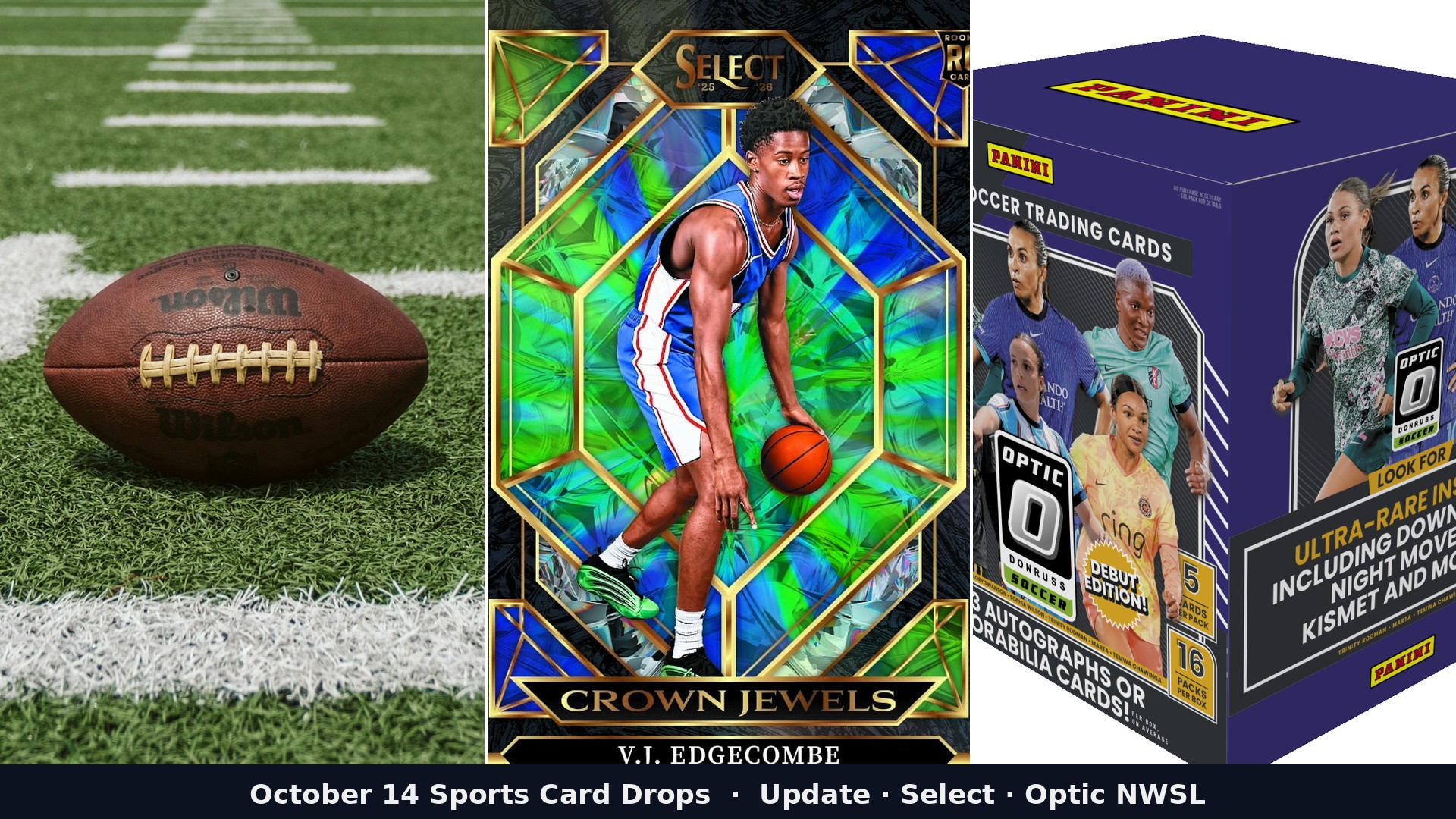 October 14 sports card drops collage: baseball, Select basketball, Donruss Optic NWSL