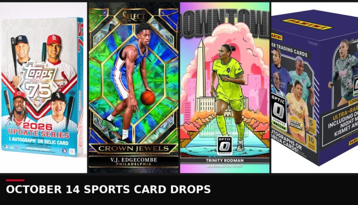 Collage of official October 14 sports card art: Topps Update Series hobby box, Panini Select Crown Jewels sample, Donruss Optic NWSL Downtown sample, and Donruss Optic NWSL hobby box