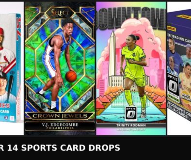 Collage of official October 14 sports card art: Topps Update Series hobby box, Panini Select Crown Jewels sample, Donruss Optic NWSL Downtown sample, and Donruss Optic NWSL hobby box