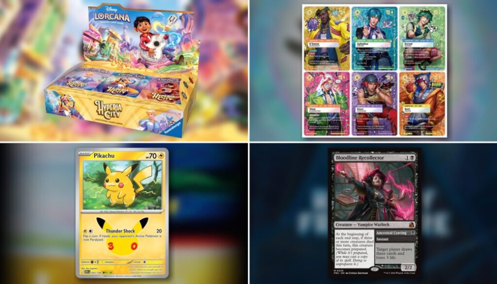 October TCG drops collage: Lorcana Hyperia City booster display, Riftbound Radiance cards, Pokémon 30th Celebration Pikachu, and MTG Reality Fracture Bloodline Recollector