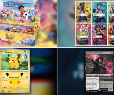 October TCG drops collage: Lorcana Hyperia City booster display, Riftbound Radiance cards, Pokémon 30th Celebration Pikachu, and MTG Reality Fracture Bloodline Recollector