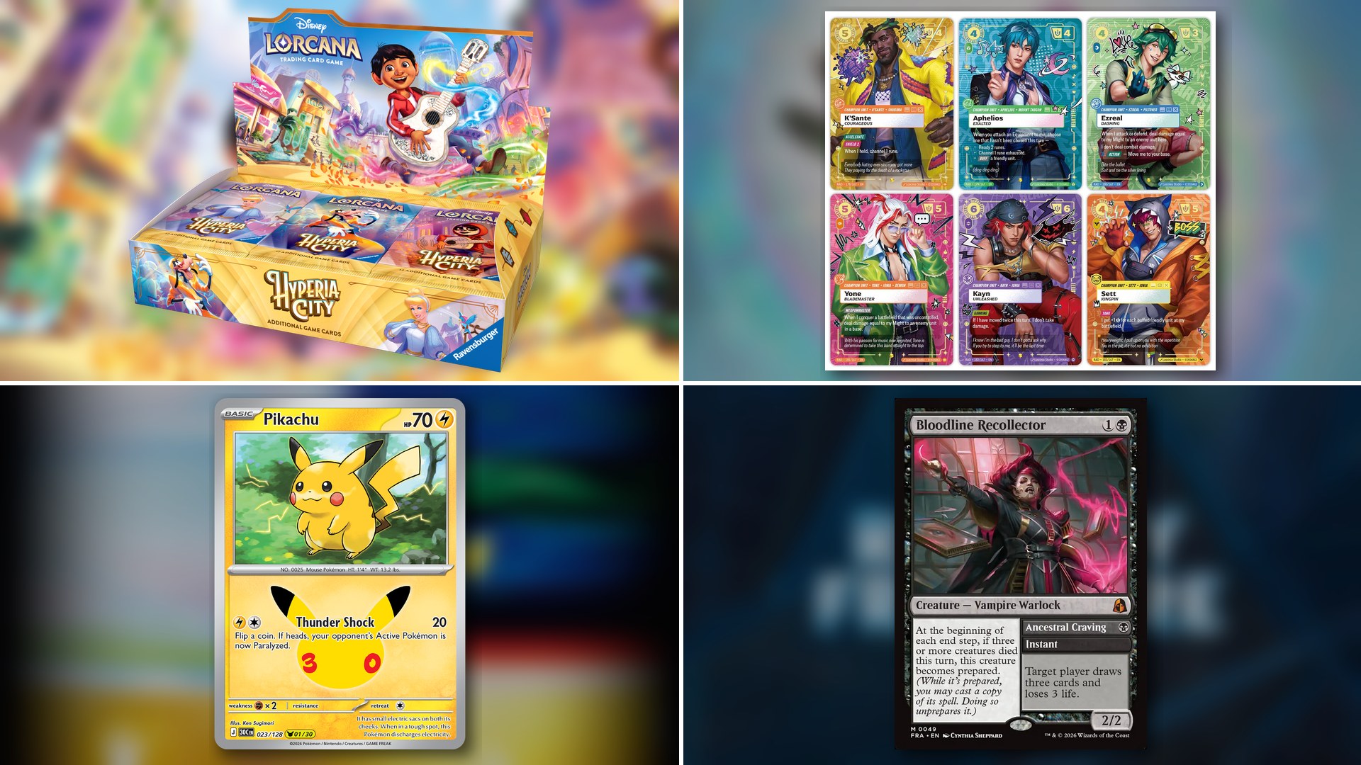 October TCG drops collage: Lorcana Hyperia City booster display, Riftbound Radiance cards, Pokémon 30th Celebration Pikachu, and MTG Reality Fracture Bloodline Recollector