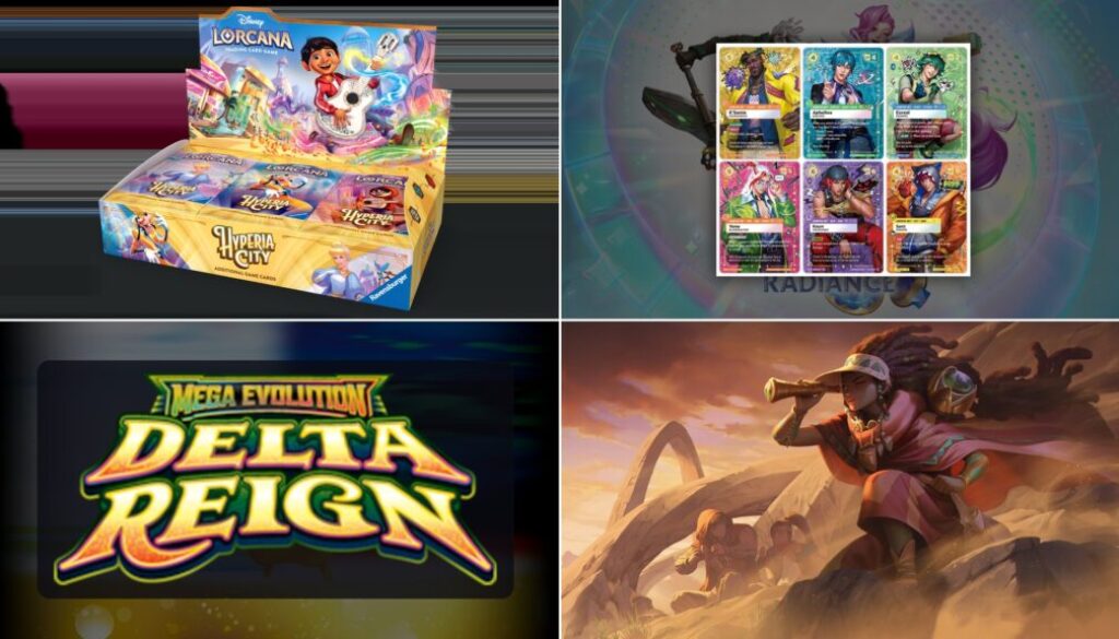 October TCG prereleases collage: Hyperia City, Radiance, Delta Reign, and Radiance box art