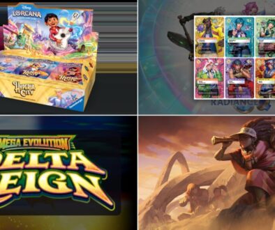 October TCG prereleases collage: Hyperia City, Radiance, Delta Reign, and Radiance box art