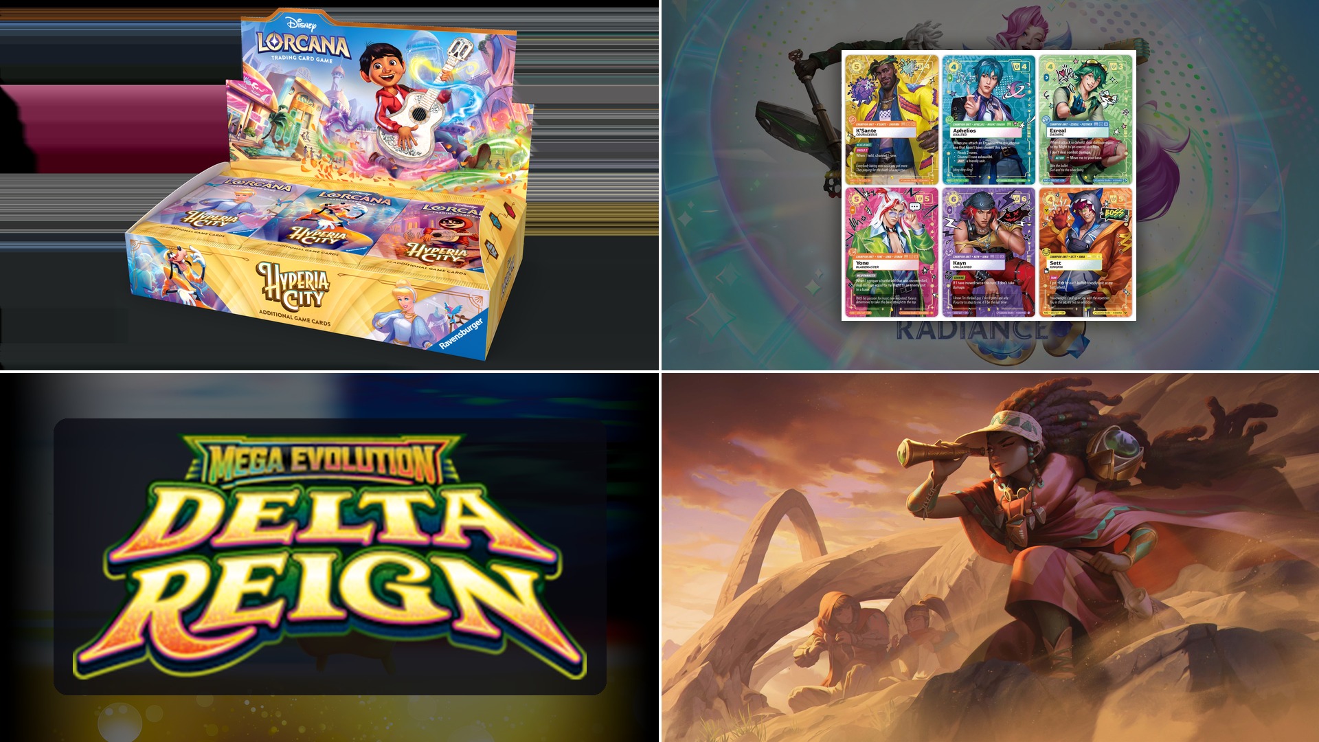 October TCG prereleases collage: Hyperia City, Radiance, Delta Reign, and Radiance box art