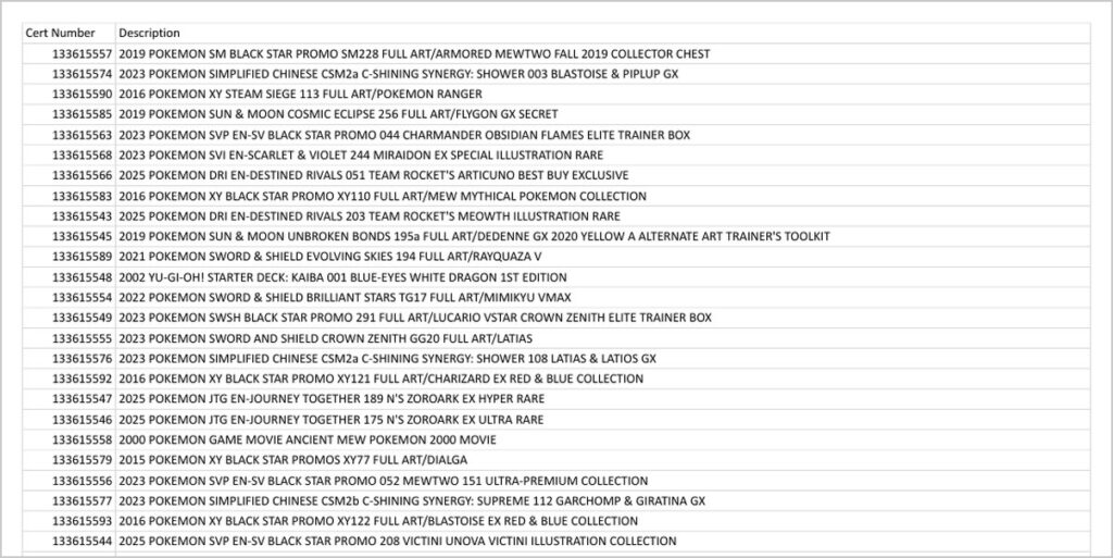 Top of page one of PSA's stolen cards list PDF, showing cert numbers beside card descriptions with no grades or values