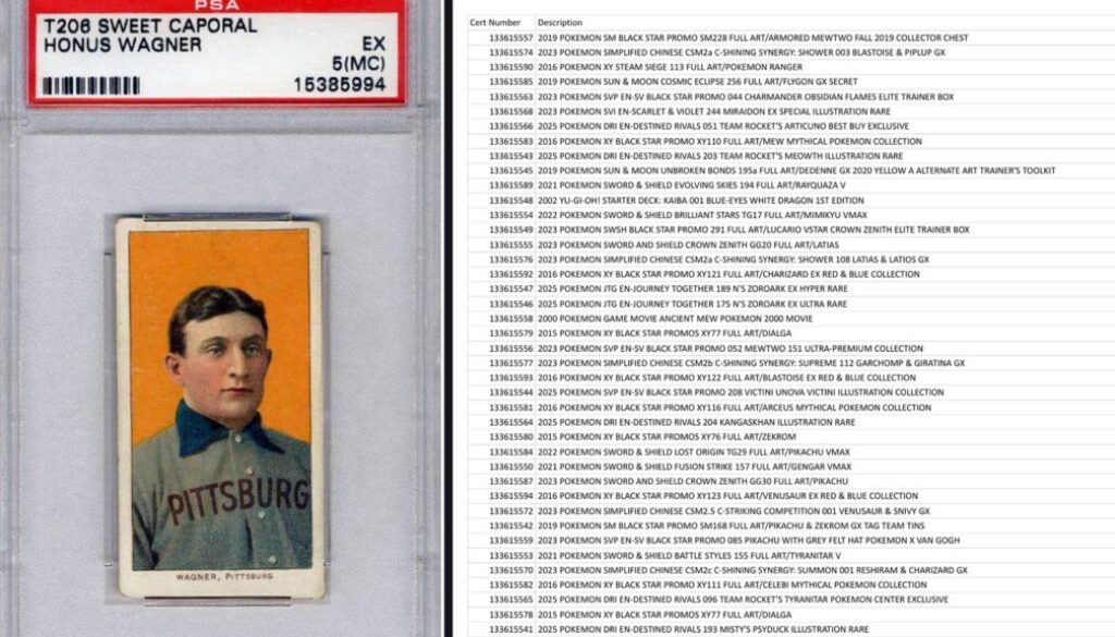 PSA stolen cards list collage: a PSA-graded slab with its cert number on the label, beside page one of PSA's stolen certificate list