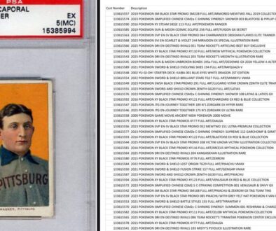 PSA stolen cards list collage: a PSA-graded slab with its cert number on the label, beside page one of PSA's stolen certificate list