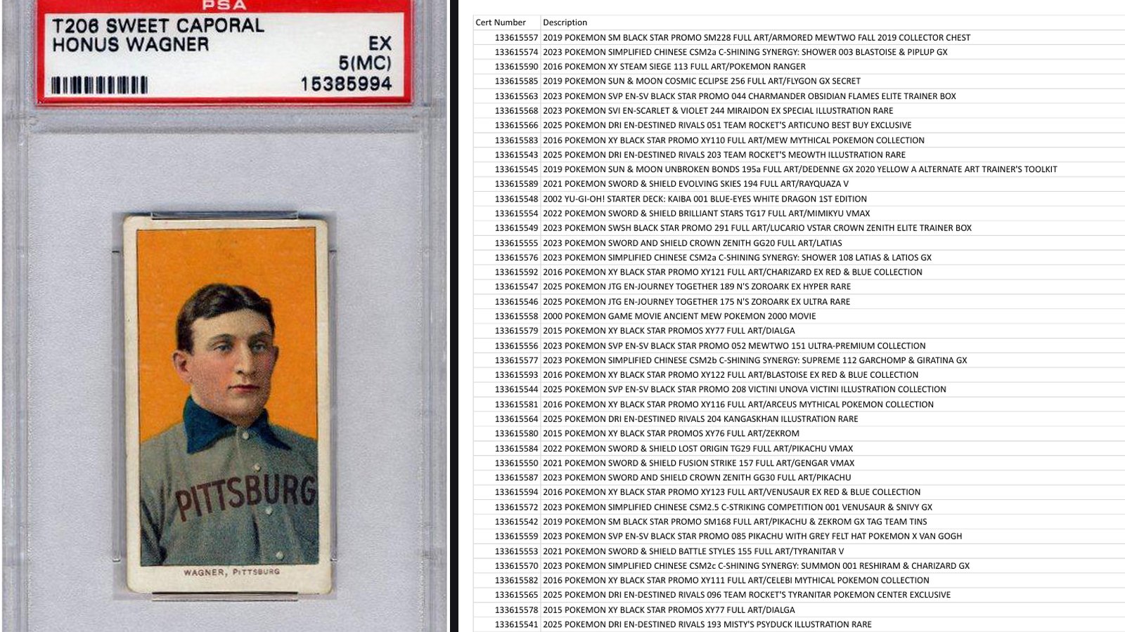 PSA stolen cards list collage: a PSA-graded slab with its cert number on the label, beside page one of PSA's stolen certificate list