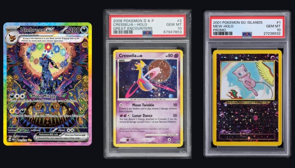 Pokémon PSA 10 vs raw collage: raw Prismatic Evolutions Umbreon ex 161/131 beside PSA 10 Great Encounters Cresselia and PSA 10 Southern Islands Mew slabs