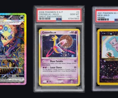 Pokémon PSA 10 vs raw collage: raw Prismatic Evolutions Umbreon ex 161/131 beside PSA 10 Great Encounters Cresselia and PSA 10 Southern Islands Mew slabs