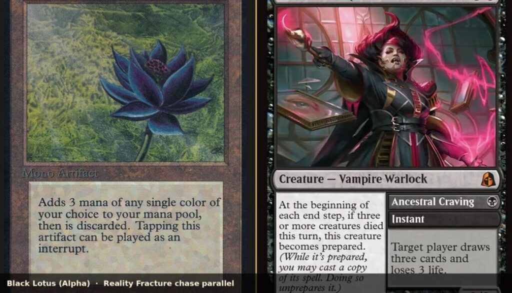 Reality Fracture chase parallel collage: Alpha Black Lotus beside Bloodline Recollector card scans