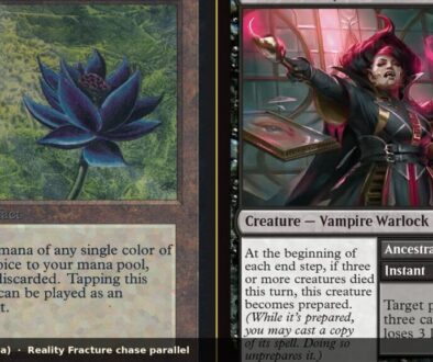 Reality Fracture chase parallel collage: Alpha Black Lotus beside Bloodline Recollector card scans