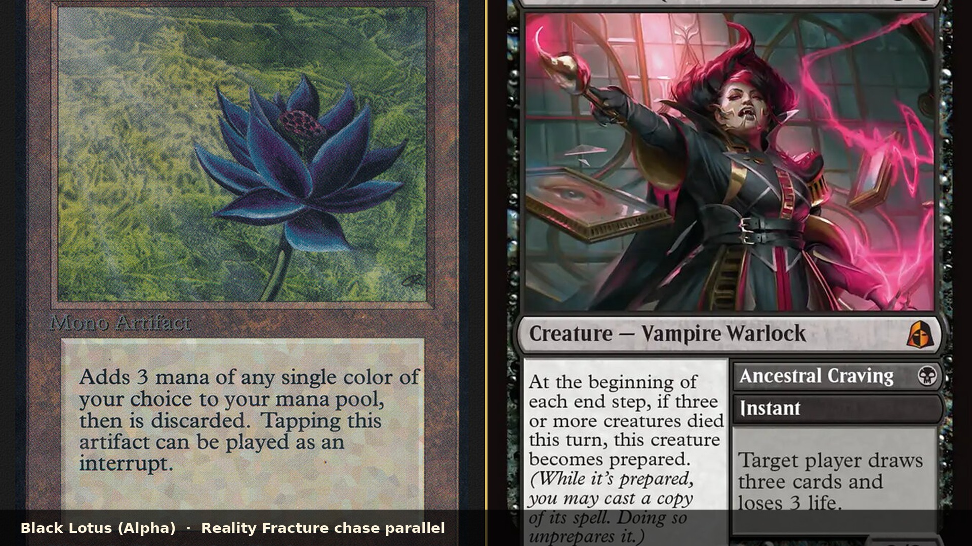 Reality Fracture chase parallel collage: Alpha Black Lotus beside Bloodline Recollector card scans