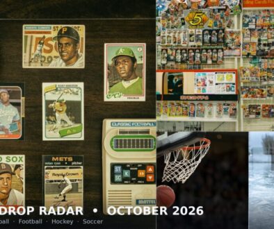 16:9 collage of vintage baseball trading cards, a modern card shop wall, basketball hoop, and hockey net for Card Core October sports card drops radar