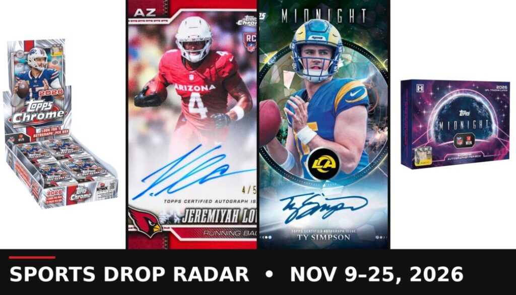Topps Chrome Football 2026 drop radar collage: Topps Chrome Football hobby box, Jeremiyah Love rookie autograph, Topps Midnight Ty Simpson rookie autograph and 2026 Topps Midnight Football hobby box