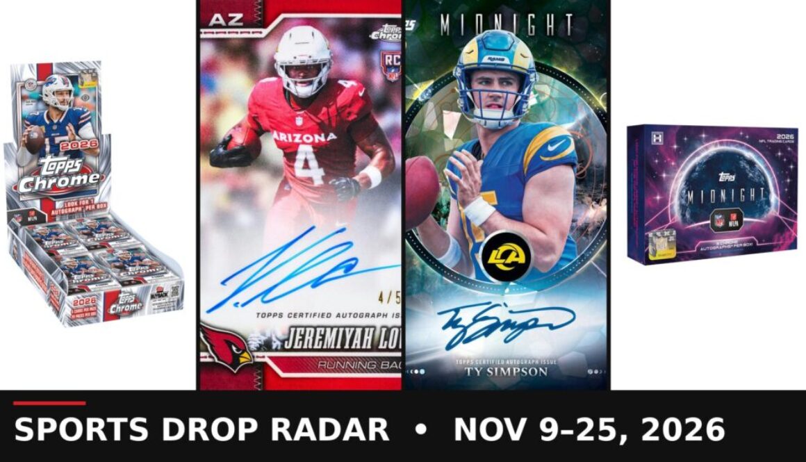 Topps Chrome Football 2026 drop radar collage: Topps Chrome Football hobby box, Jeremiyah Love rookie autograph, Topps Midnight Ty Simpson rookie autograph and 2026 Topps Midnight Football hobby box