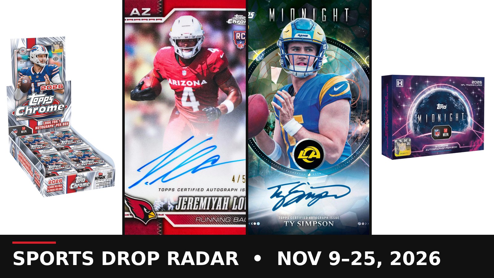 Topps Chrome Football 2026 drop radar collage: Topps Chrome Football hobby box, Jeremiyah Love rookie autograph, Topps Midnight Ty Simpson rookie autograph and 2026 Topps Midnight Football hobby box
