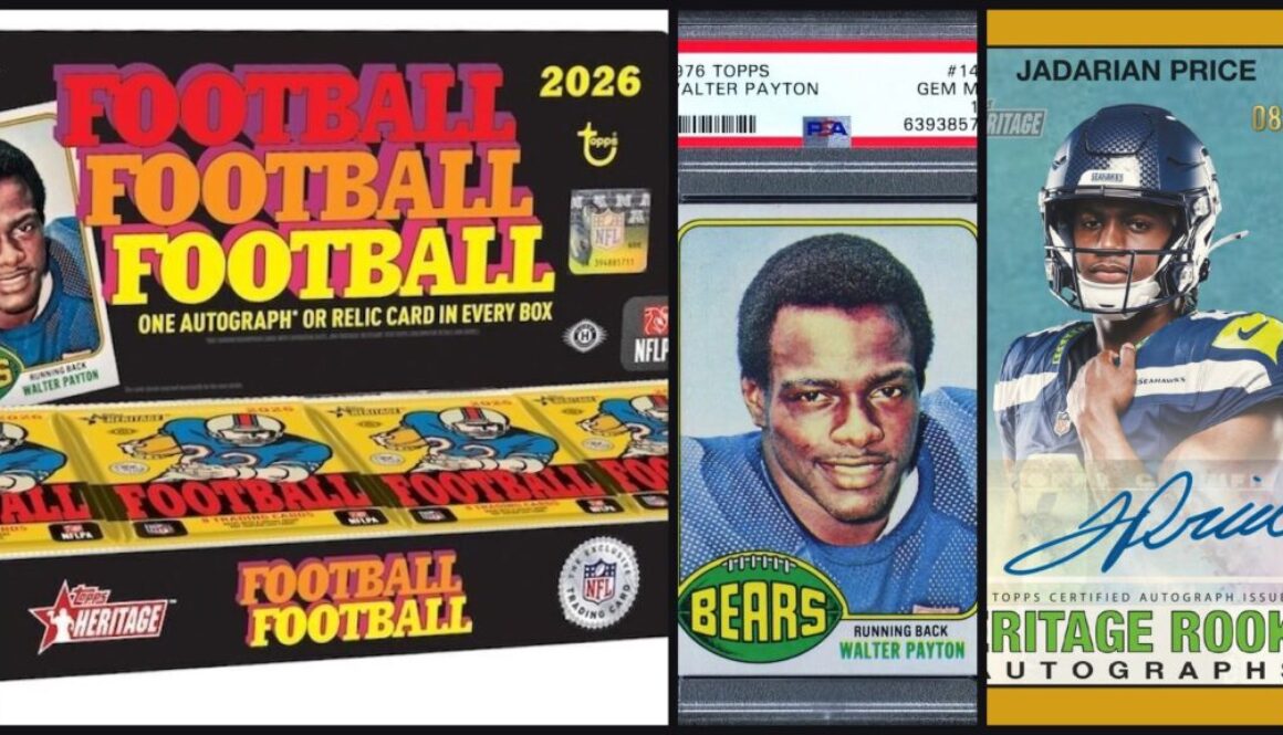 Topps Heritage Football 2026 hobby box beside a 1976 Topps Walter Payton #148 rookie in a PSA 10 slab and a Jadarian Price Heritage Rookie Autographs Gold card