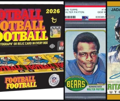 Topps Heritage Football 2026 hobby box beside a 1976 Topps Walter Payton #148 rookie in a PSA 10 slab and a Jadarian Price Heritage Rookie Autographs Gold card